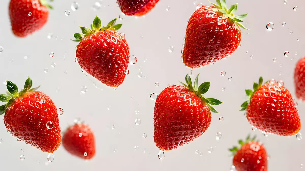 Frische Erdbeeren schweben mit Wassertropfen