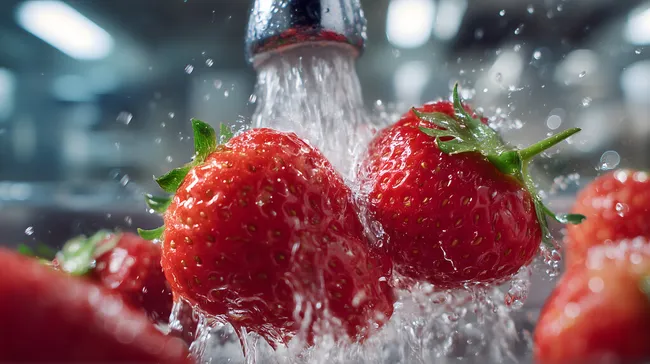Frische Erdbeeren unter fließendem Wasser in Nahaufnahme