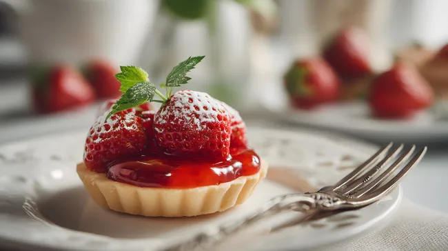 Frische Erdbeertörtchen mit Puderzucker und Minze