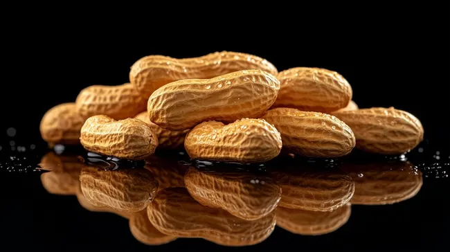 Frische Erdnüsse mit Wassertropfen auf schwarzem Hintergrund