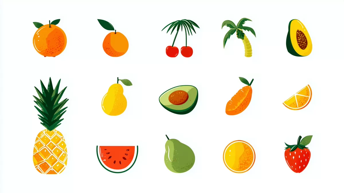 Frische, farbenprächtige Früchte und tropische Dekorationen