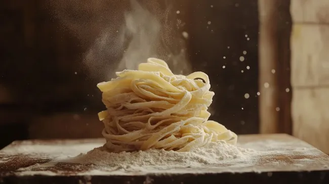 Frische Fettuccini-Nudeln mit feinem Mehlstaub bedeckt