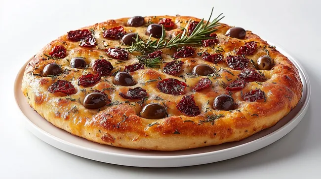 Frische Focaccia mit Oliven und Rosmarin