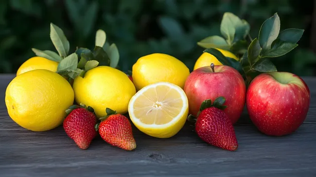 Frische Früchte - Äpfel, Erdbeeren und Zitronen auf Holztisch