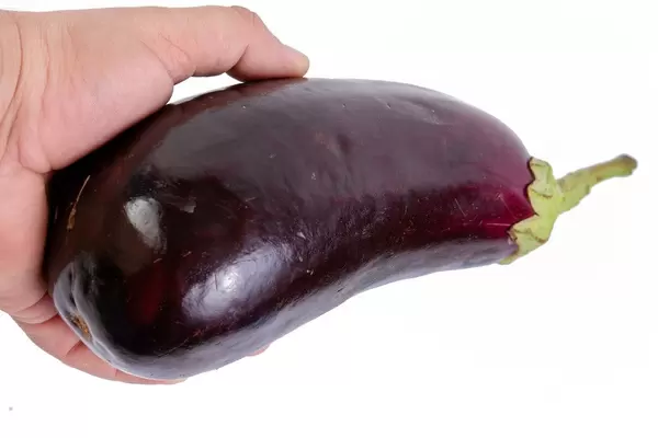Frische ganze Aubergine vor weißem Hintergrund gehalten von einer männlichen Hand