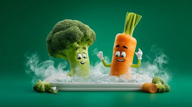 Frische Gemüse-Charaktere in dampfendem Milieu
