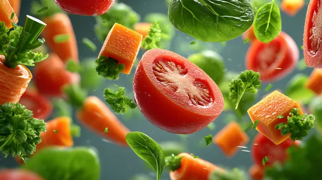 Frische Gemüse-Collage in lebendiger Schwerelosigkeit