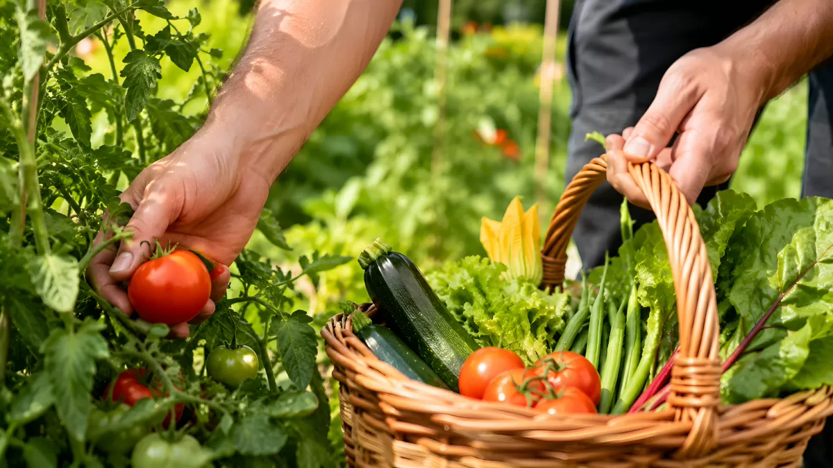 Frische Gemüseernte im Sommergarten mit Korb
