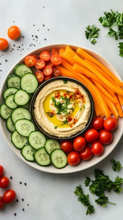 Frische Gemüseplatte mit leckerem Hummus