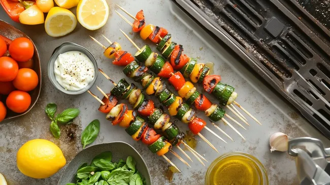 Frische Gemüsespieße auf gegrilltem Rost