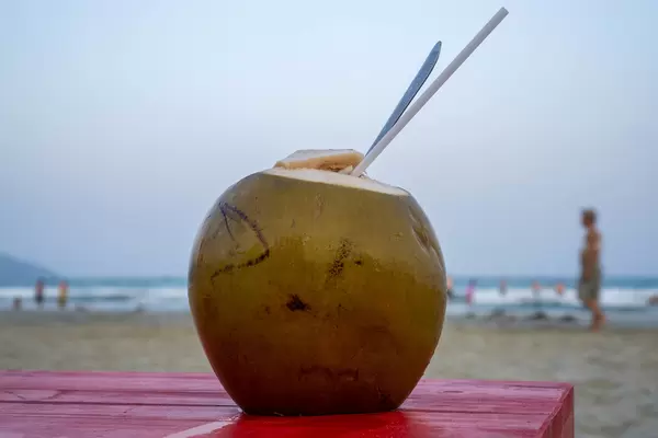 Frische geöffnete Kokosnuss mit Strohhalm und Löffel auf einem Holztisch mit Meer und Strand im Hintergrund Nahaufnahme