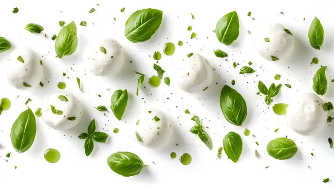 Frische grüne Basilikumblätter mit Mozzarellakugeln