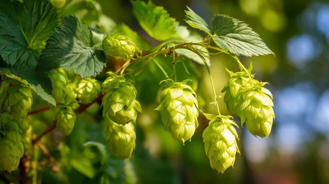 Frische grüne Hopfendolden im Sonnenlicht