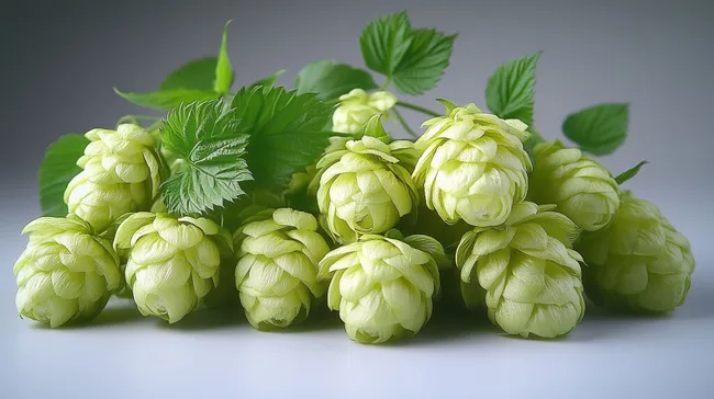 Frische, grüne Hopfenknospen vor grauem Hintergrund