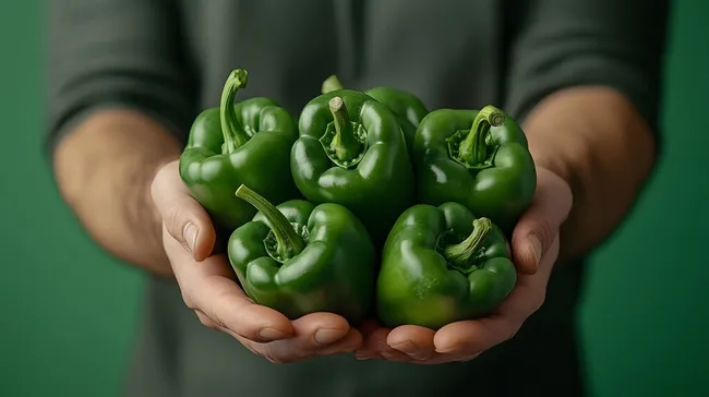 Frische grüne Paprika in Händen präsentiert