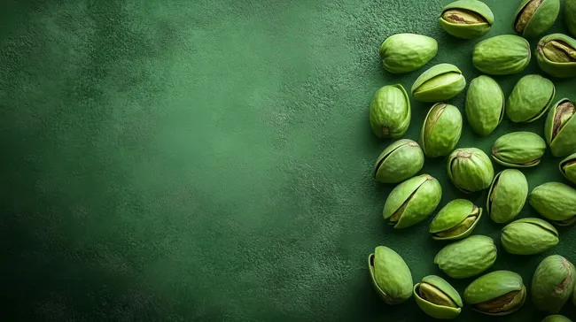 Frische grüne Pistazien auf dunkelgrünem Hintergrund