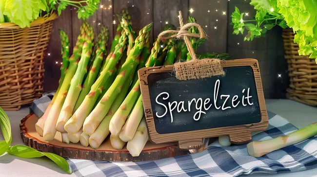 Frische grüne Spargel mit Preisschild zur Spargelzeit
