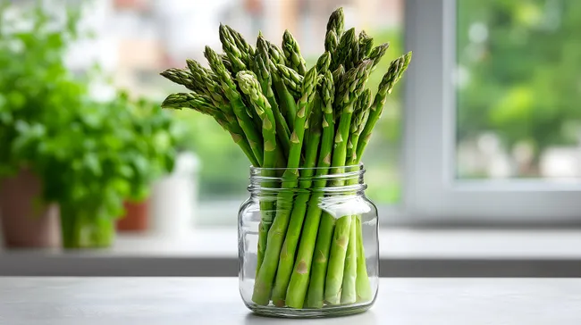 Frische grüne Spargelbündel in Glasgefäß