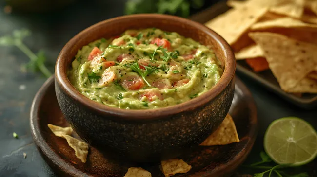 Frische Guacamole mit Tomaten und Kräutern in rustikaler Schüssel