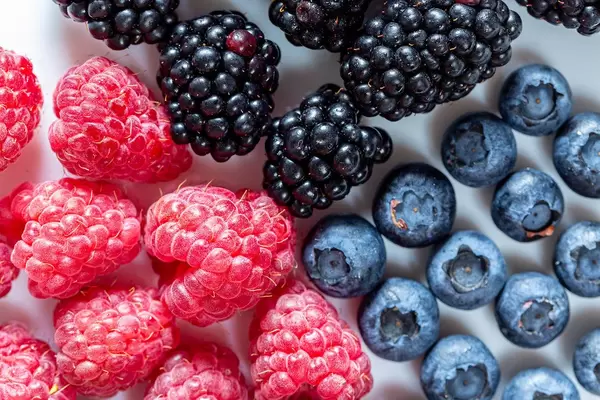 Frische Heidelbeeren, Himbeeren und Maulbeeren