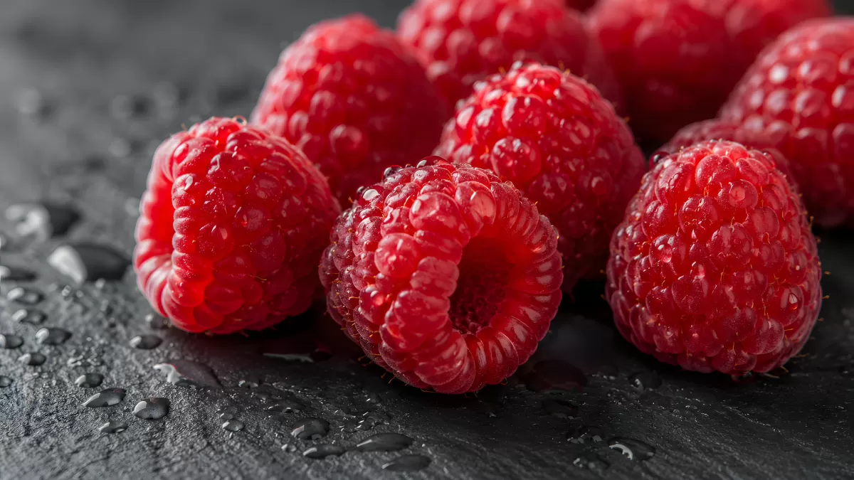 Frische Himbeeren auf dunklem Untergrund mit Wassertropfen