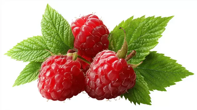 Frische Himbeeren mit grünen Blättern