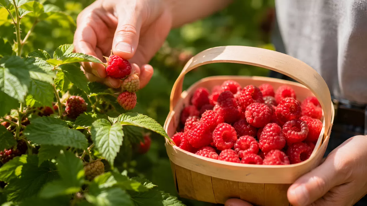 Frische Himbeeren von Hand gepflückt im Garten
