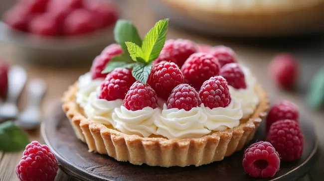 Frische Himbeertarte mit Sahne und Minze kostenlos herunterladen