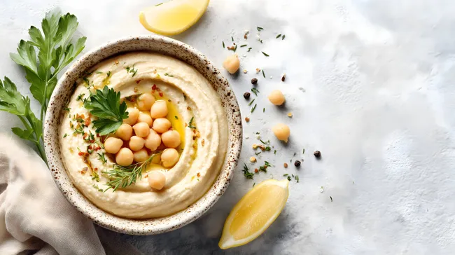 Frische Hummus-Schüssel mit Zitrone und Kräutern