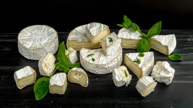 Frische Käseauswahl mit grünen Basilikumblättern