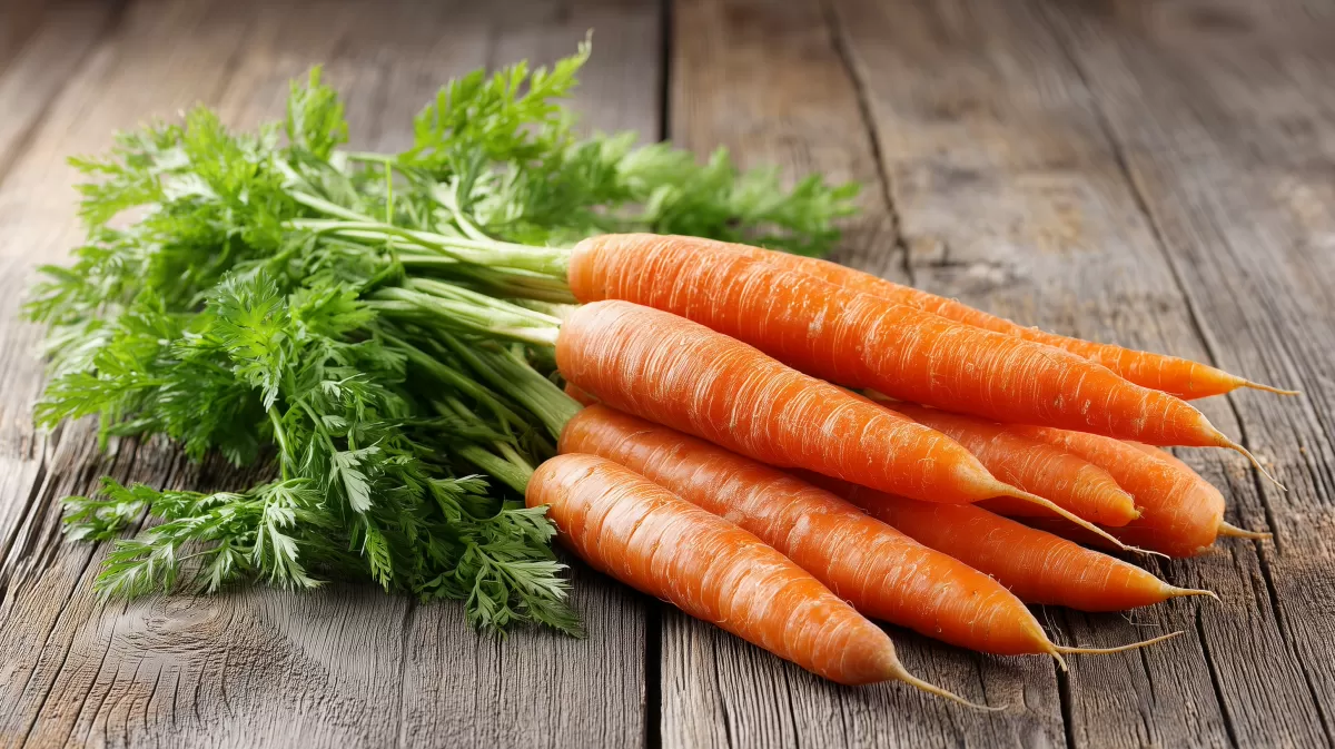 Frische Karotten mit Grün auf Holz