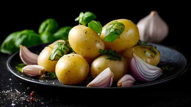 Frische Kartoffeln mit Knoblauch und Kräutern auf Teller