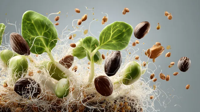 Frische Keimlinge und Samen in natürlicher Komposition