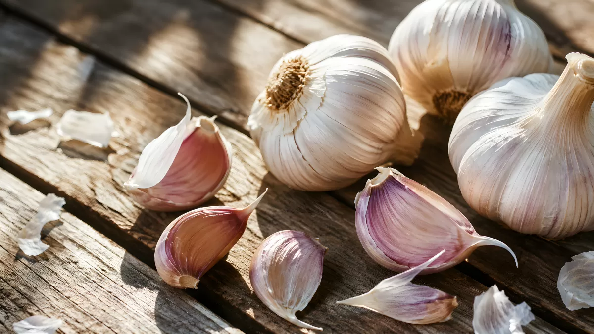 Frische Knoblauchzehen und Knoblauchknollen auf Holz