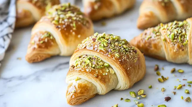 Frische, knusprige Pistazien-Croissants auf Marmor