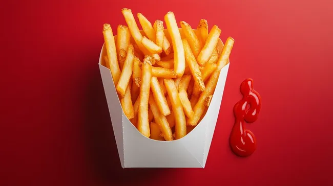 Frische, knusprige Pommes frites in weißer Verpackung