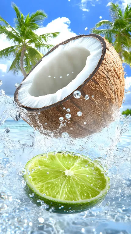 Frische Kokosnuss und Limette mit spritzendem Wasser