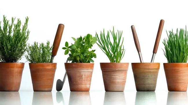 Frische Kräuter und rustikale Gartenwerkzeuge in Terrakottatöpfen