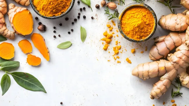 Frische Kurkuma, Gewürze und Kräuter auf weißem Hintergrund