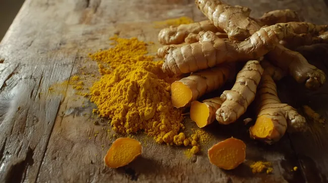 Frische Kurkuma-Wurzeln und goldenes Pulver auf rustikalem Holz