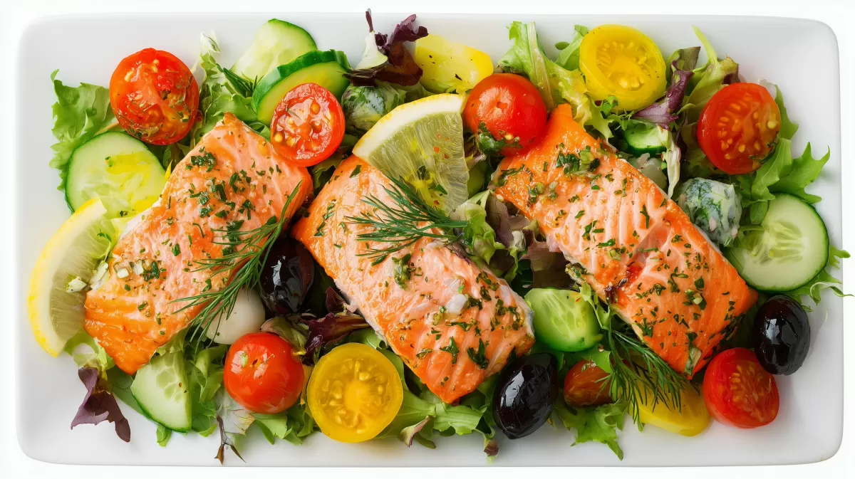 Frische Lachs-Salat-Komposition auf weißem Teller