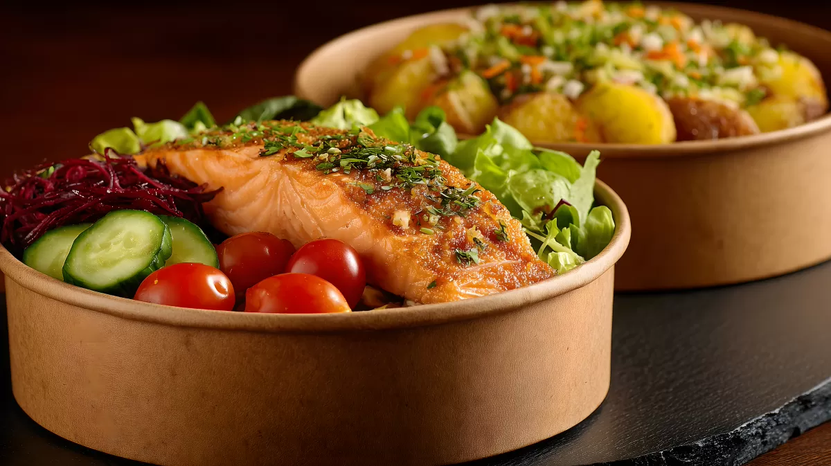 Frische Lachsfilets in einer bunten Bowl mit Gemüse