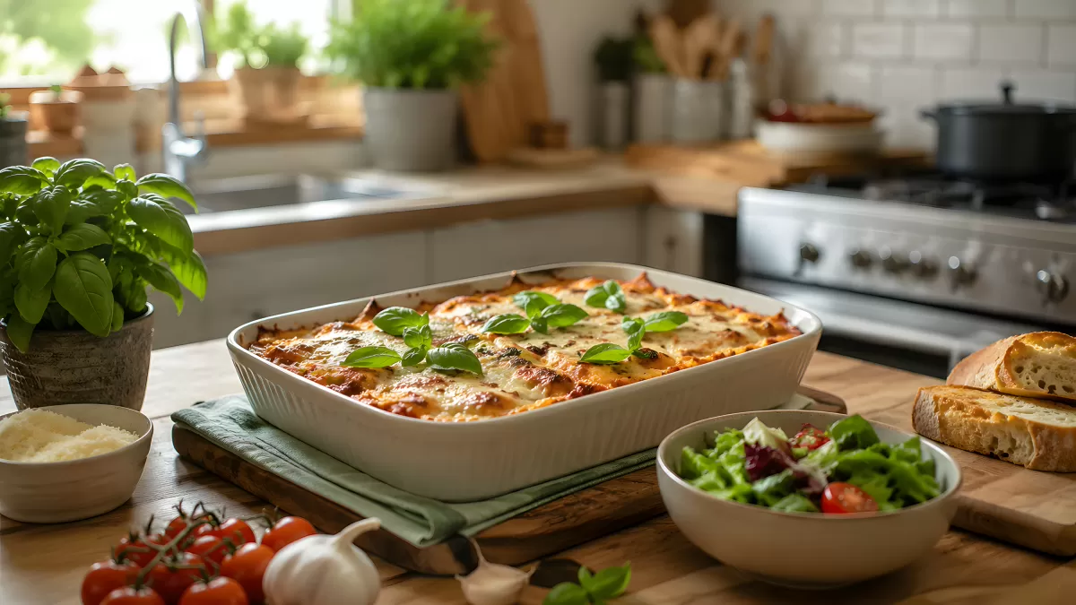Frische Lasagne im Auflaufform auf Holztisch