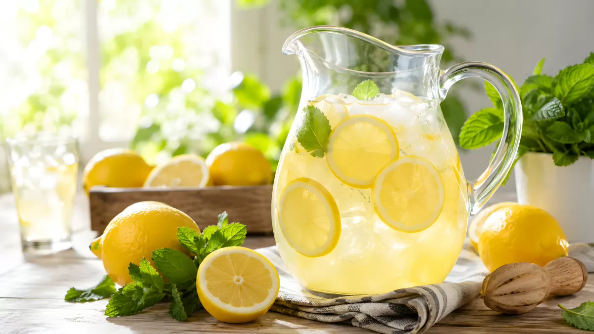 Frische Limonade im Glaskrug mit Minze und Zitronen