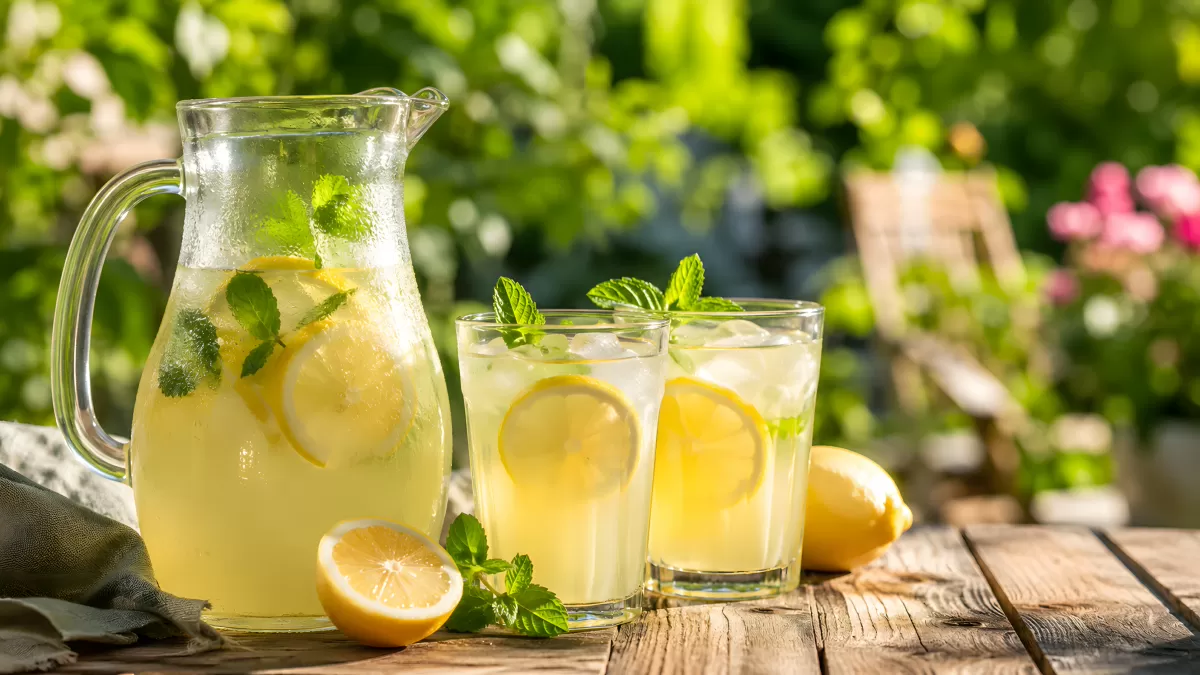 Frische Limonade mit Zitrone und Minze im Garten