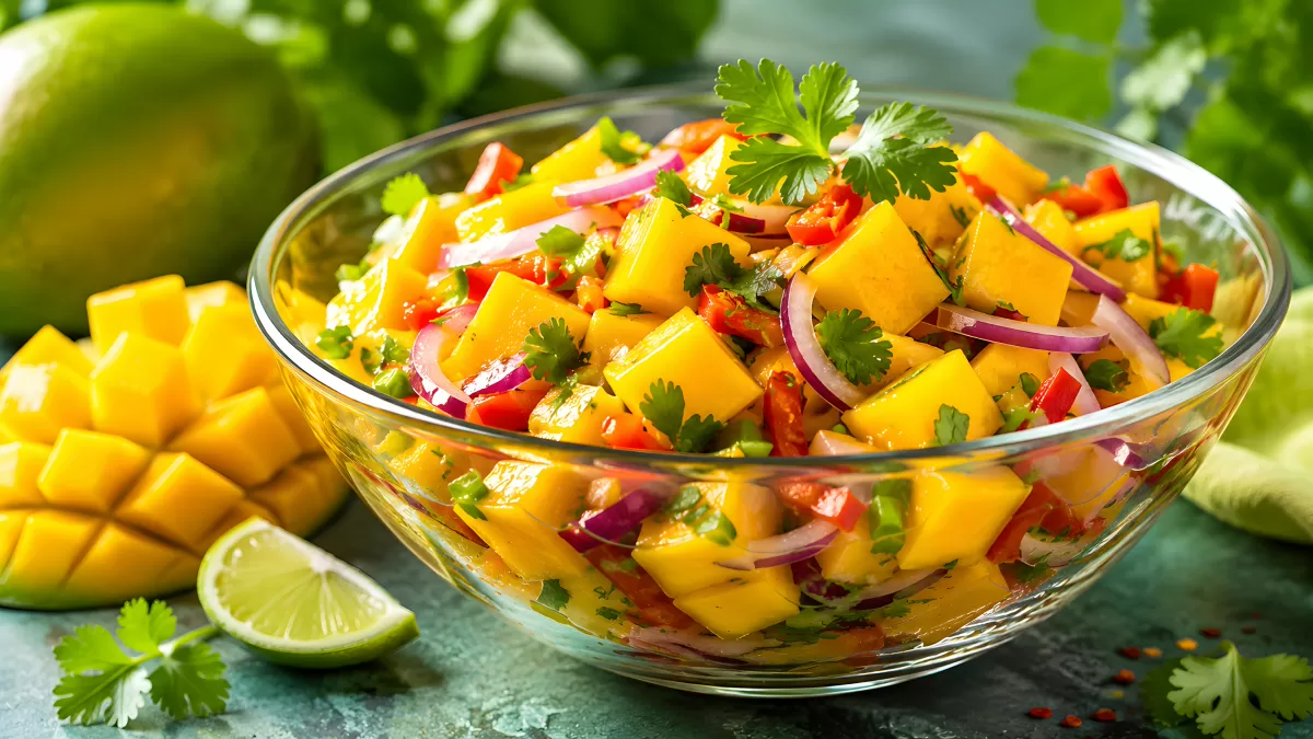 Frische Mango-Salsa mit roten Zwiebeln und Koriander