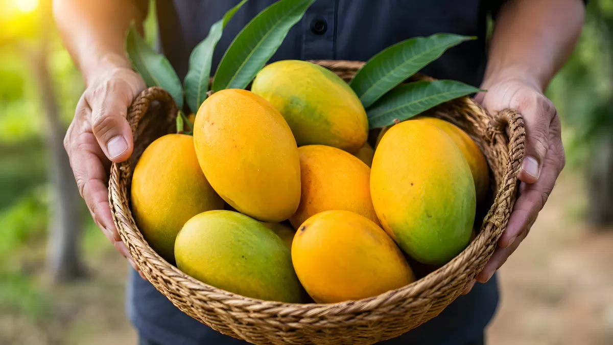 Frische Mangos in einem Korb aus Rattan
