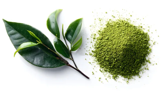 Frische Matcha-Tee-Blätter und -Pulver auf weißem Grund