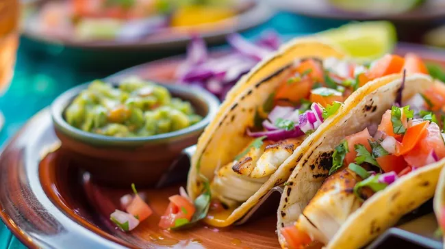 Frische mexikanische Tacos mit Fisch und bunten Toppings