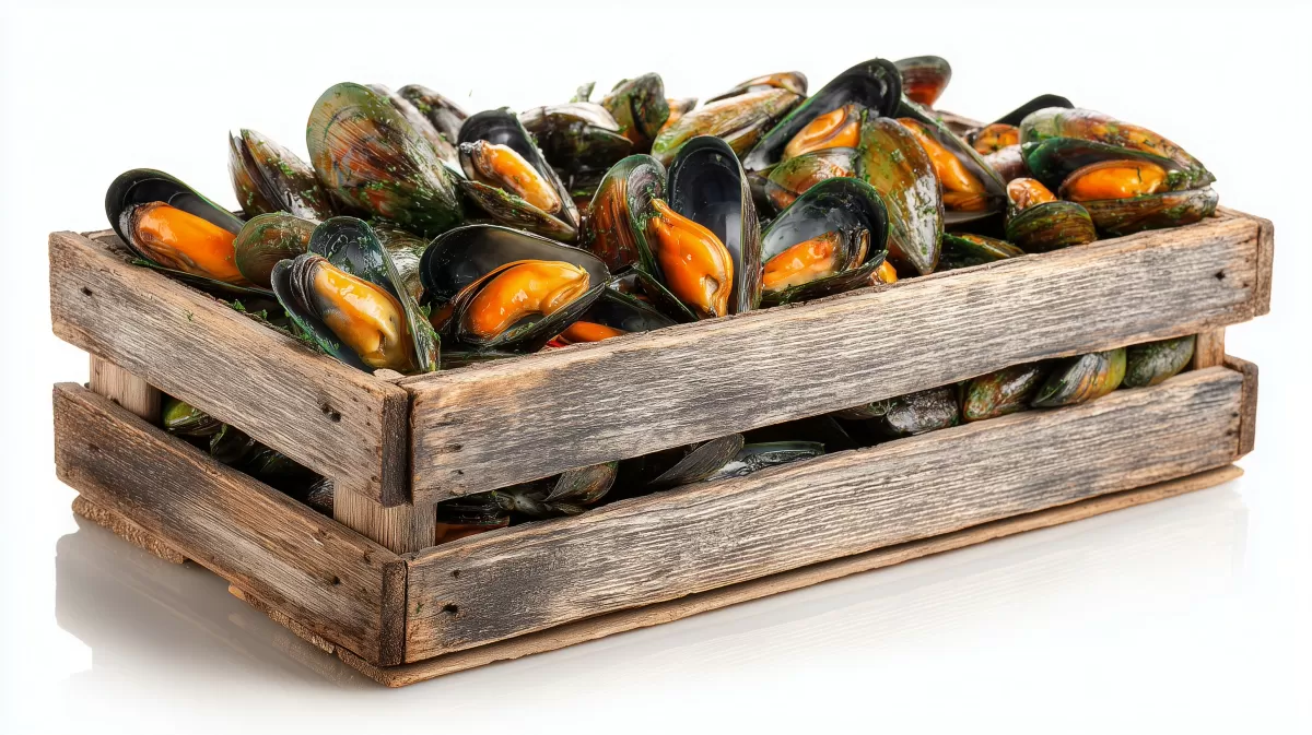 Frische Miesmuscheln in rustikaler Holzkiste